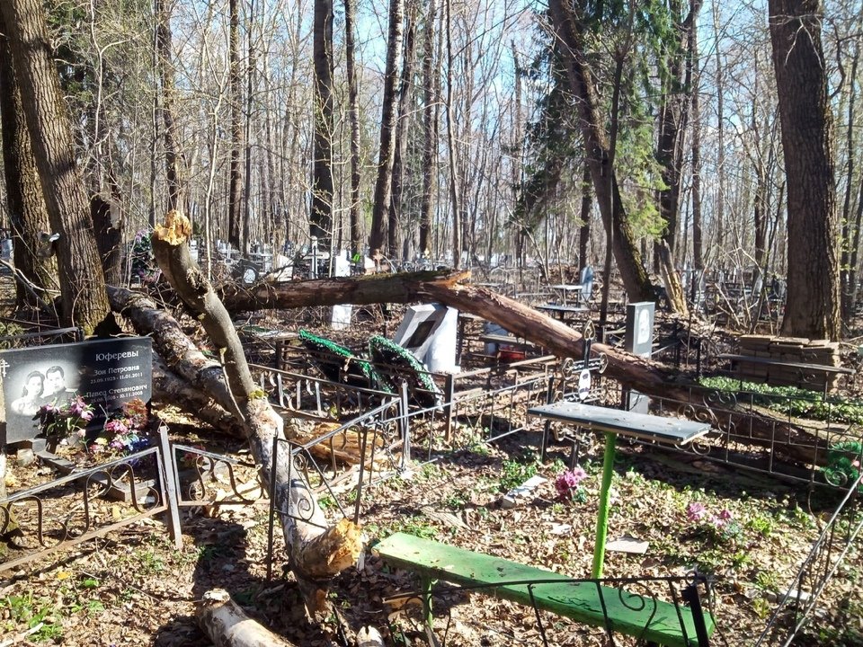 В Кирове на Лобановском кладбище поваленные ветром деревья повредили надгробья